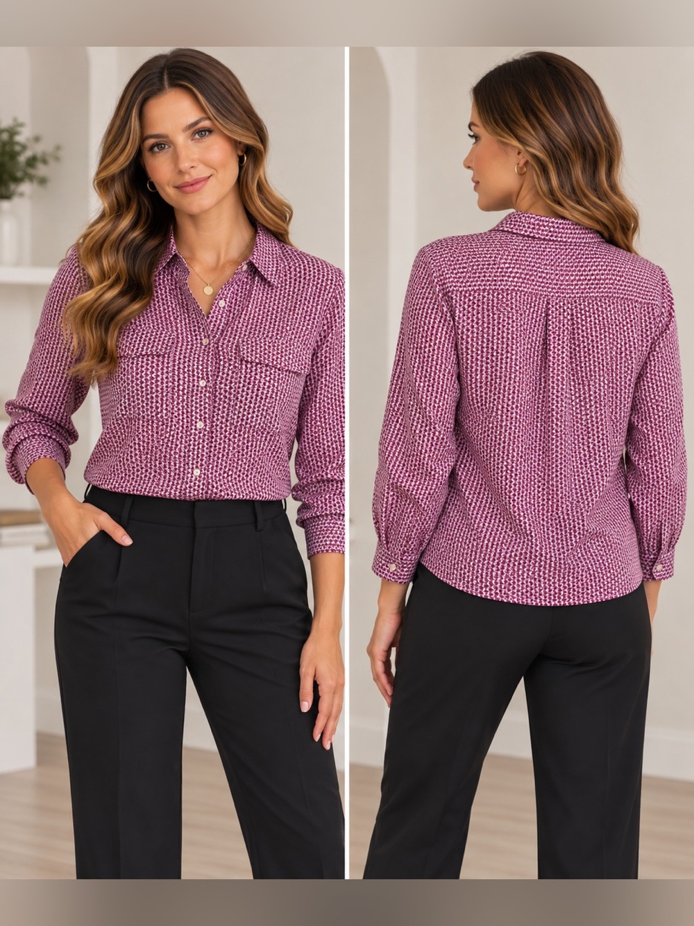 Pink Patterned Long-Sleeve Button-Down blouse